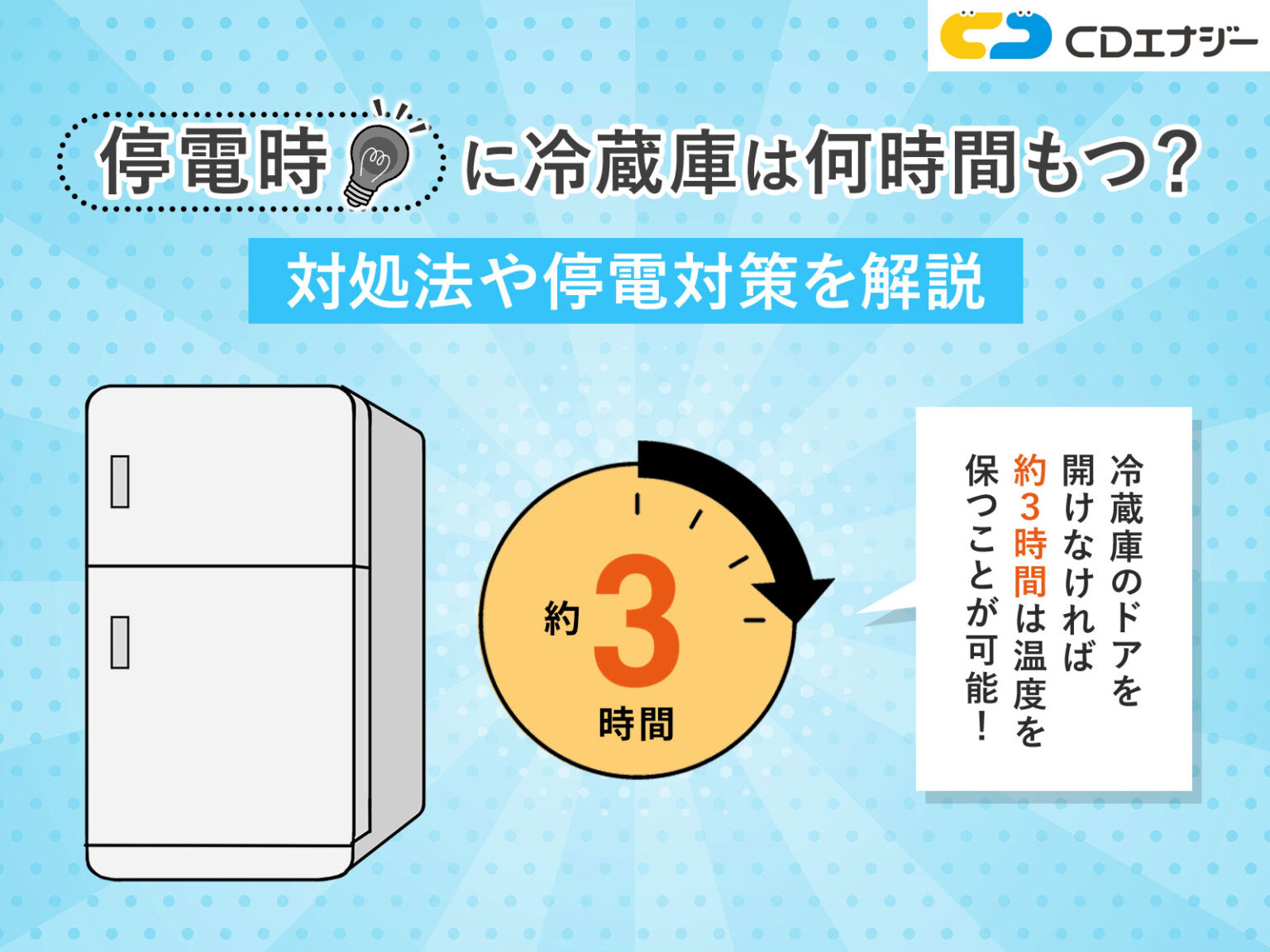 停電時に冷蔵庫は何時間持つの?対処法や停電対策を解説 - 防災エナジー | 株式会社CDエナジーダイレクト